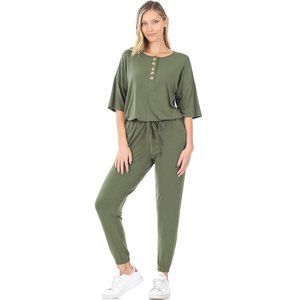 Women's Sporty Casual Jumper Elastic Waistband & Top Button Light Olive